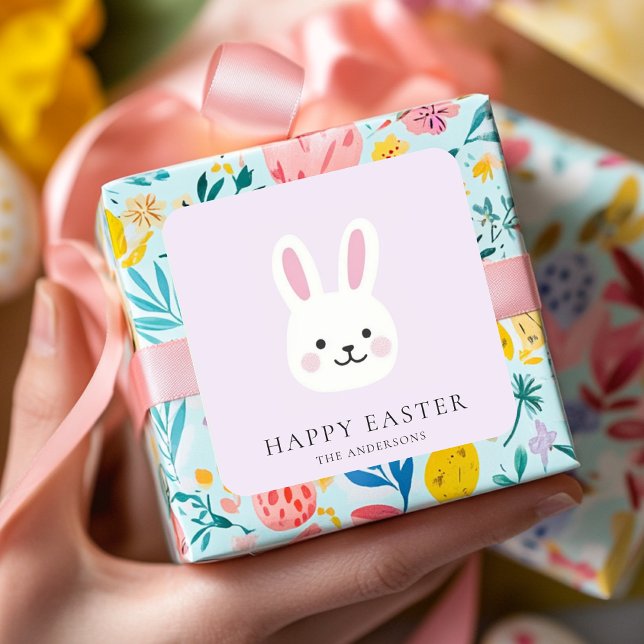 Personalized Cute Purple Bunny Easter Square Sticker (Creator Uploaded)