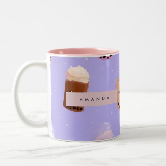 Personalized Cute Purple Pastel Bubble Tea Two-Tone Coffee Mug (Left)