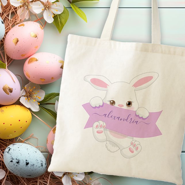 Personalized Cute Purple Ribbon Easter Bunny Girl Tote Bag (Personalized Cute Purple Ribbon Easter Bunny Girl Tote Bag)