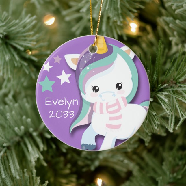 Personalized Cute Purple Unicorn  Ceramic Ornament (Tree)