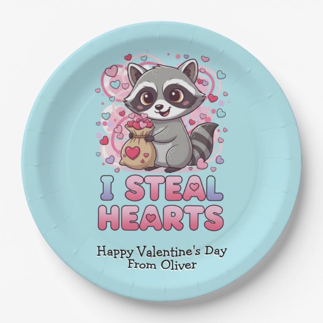 Personalized Cute Raccoon Classroom Valentine Paper Plate (Front)