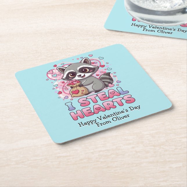 Personalized Cute Raccoon Classroom Valentine Square Paper Coaster (Angled)