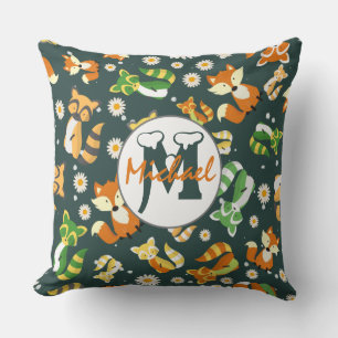 Personalized cute raccoons and forest nursery blue throw pillow