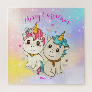 Personalized Cute Rainbow Unicorn Cartoon Couple Jigsaw Puzzle