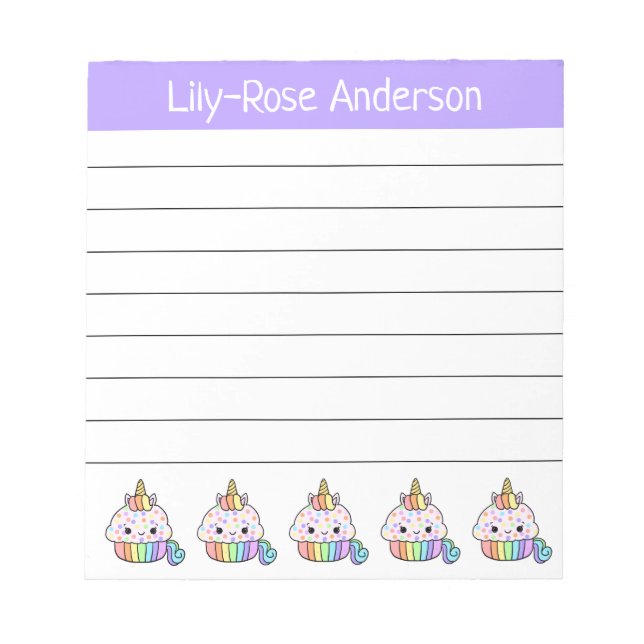 Personalized Cute Rainbow Unicorn Cupcakes Notepad (Front)