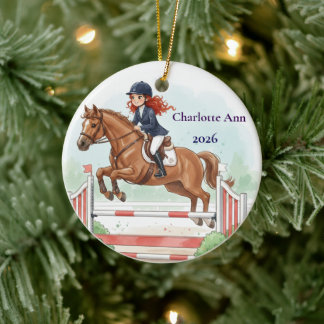 Personalized Cute Red Hair Girl Horse Jumping Ceramic Ornament