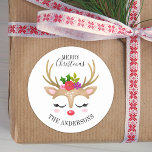 Personalized Cute Reindeer Christmas Classic Round Sticker<br><div class="desc">A cute reindeer face decorates this sticker with the words Merry Christmas. Fun for decorating Christmas gifts and holiday treat bags for neighbours. Personalize it with your name. Designed for you by Blackberry Boulevard.</div>