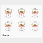 Personalized Cute Reindeer Christmas Classic Round Sticker<br><div class="desc">A cute reindeer face decorates this sticker with the words Merry Christmas. Fun for decorating Christmas gifts and holiday treat bags for neighbours. Personalize it with your name. Designed for you by Blackberry Boulevard.</div>