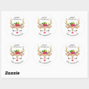 Personalized Cute Reindeer Christmas Classic Round Sticker