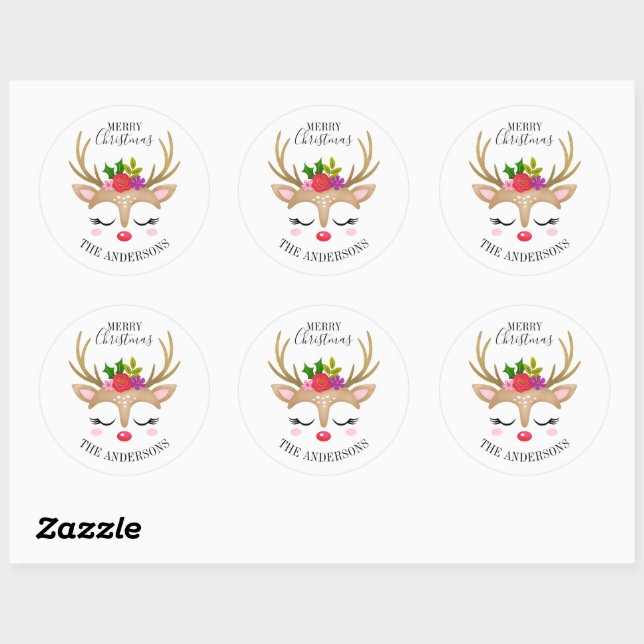 Personalized Cute Reindeer Christmas Classic Round Sticker (Sheet)