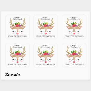 Personalized Cute Reindeer Christmas Square Sticker