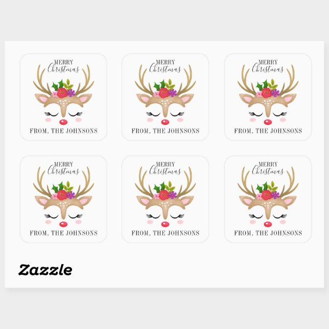 Personalized Cute Reindeer Christmas Square Sticker (Sheet)