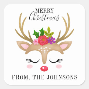 Personalized Cute Reindeer Christmas Square Sticker