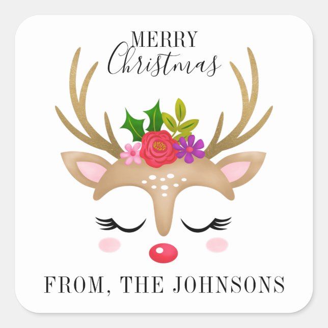 Personalized Cute Reindeer Christmas Square Sticker (Front)