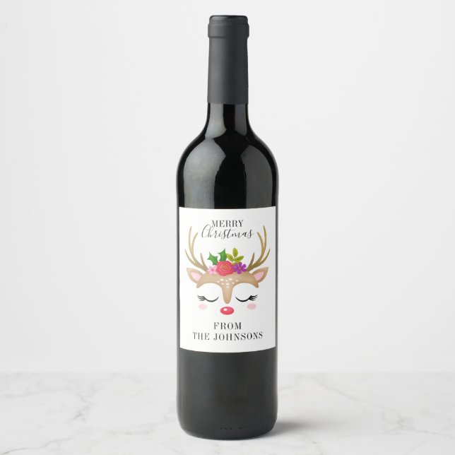 Personalized Cute Reindeer Christmas Wine Label (Front)