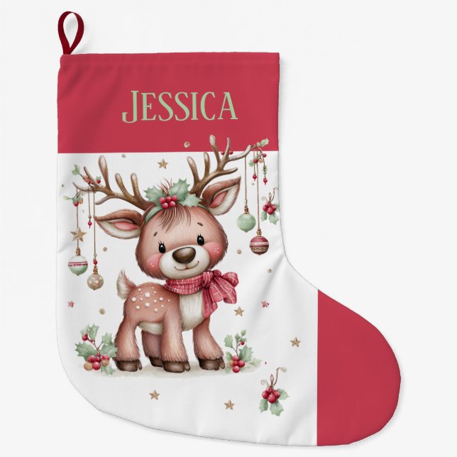 Personalized  Cute Reindeer  Large Christmas Stocking (Front)