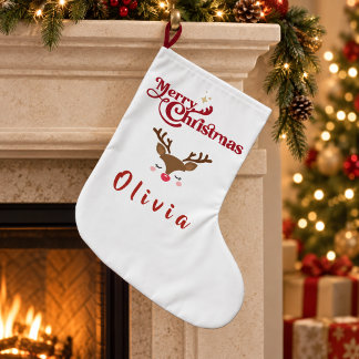 Personalized Cute Reindeer Merry Christmas Large Christmas Stocking