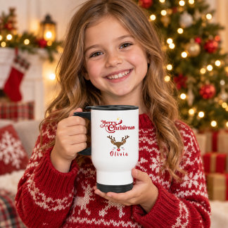 Personalized Cute Reindeer Merry Christmas Travel Mug