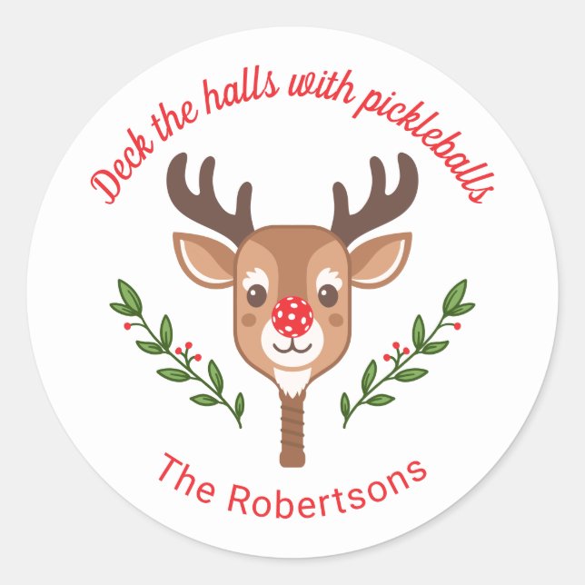 Personalized Cute Reindeer Pickleball  Classic Round Sticker (Front)