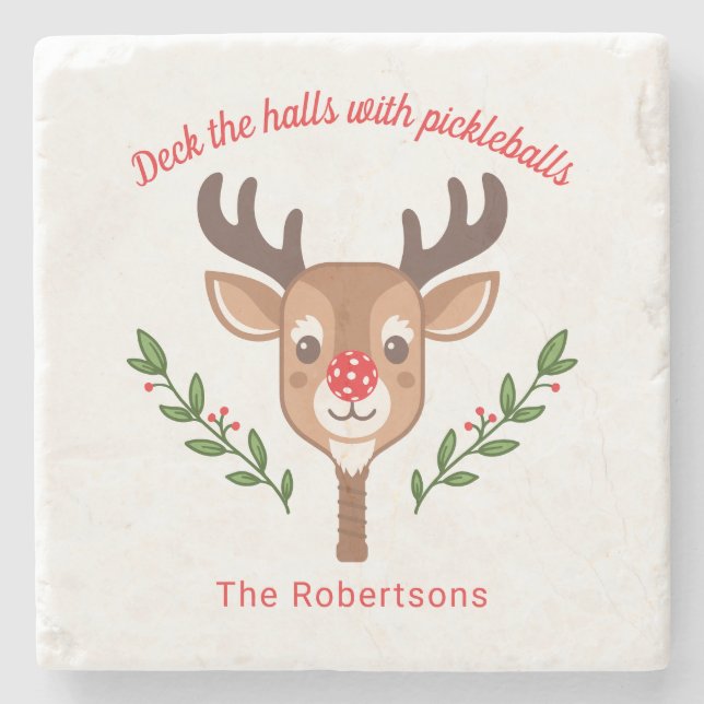 Personalized Cute Reindeer Pickleball  Stone Coaster (Front)