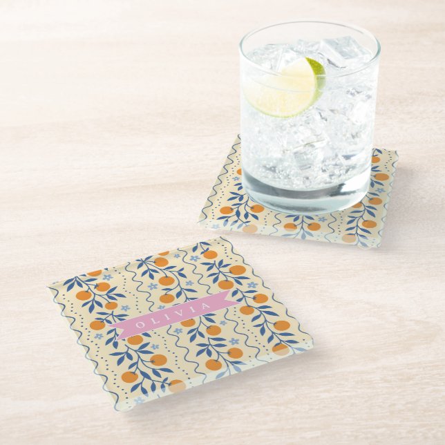 Personalized cute retro citrus folk pattern glass coaster (Angled)
