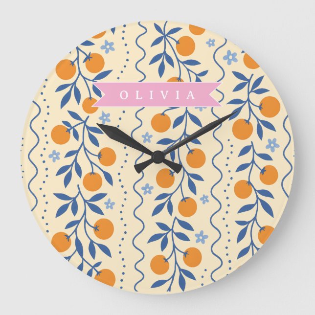 Personalized cute retro citrus folk pattern large clock (Front)