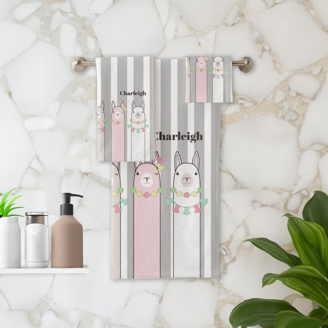 Personalized Cute Retro Colourful Llamas Girls Kid Bath Towel Set (Creator Uploaded)