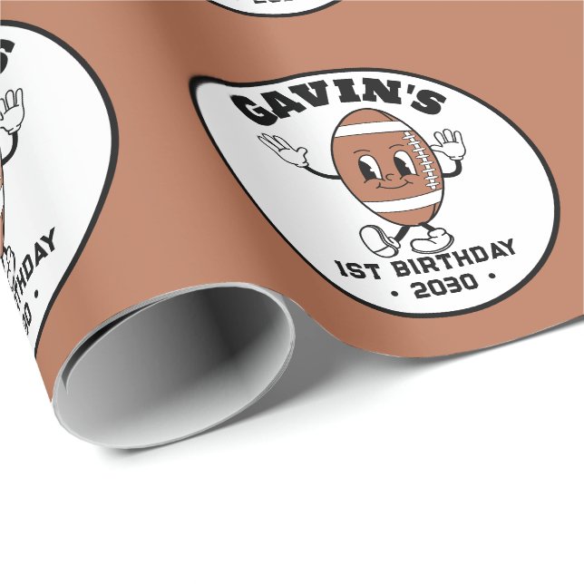 Personalized Cute Retro Football Birthday Party Wrapping Paper (Roll Corner)