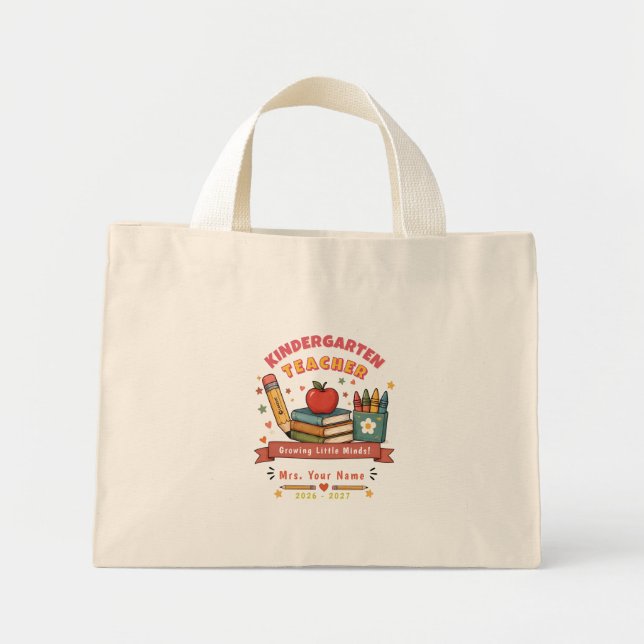 Personalized Cute Retro Kindergarten Teacher Gift  Mini Tote Bag (Front)