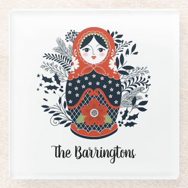 Personalized Cute Russian Nesting Doll Glass Coaster (Front)