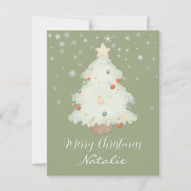 Personalized cute sage green Christmas tree snow Card (Front)