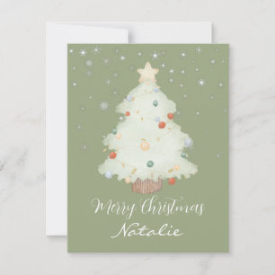 Personalized cute sage green Christmas tree snow Card