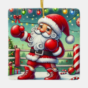 Personalized Cute Santa Boxing at Christmas Ceramic Ornament