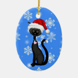 Personalized Cute Santa Cat n Snowflakes Christmas Ceramic Ornament