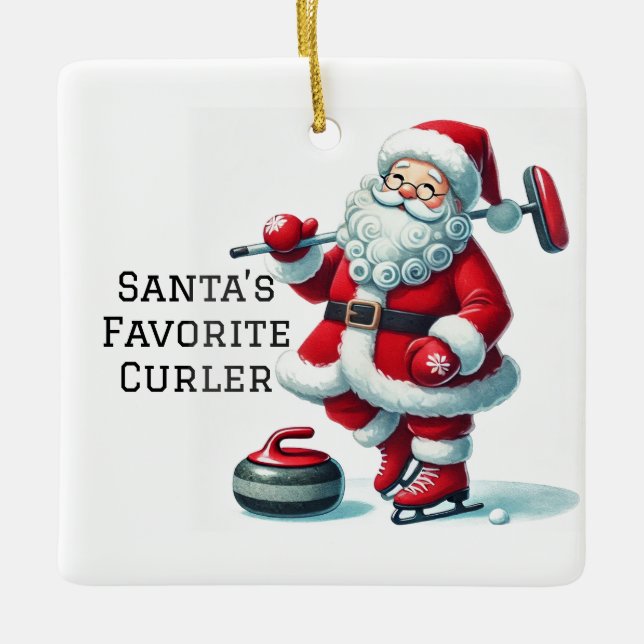 Personalized Cute Santa Curling Ceramic Ornament (Front)