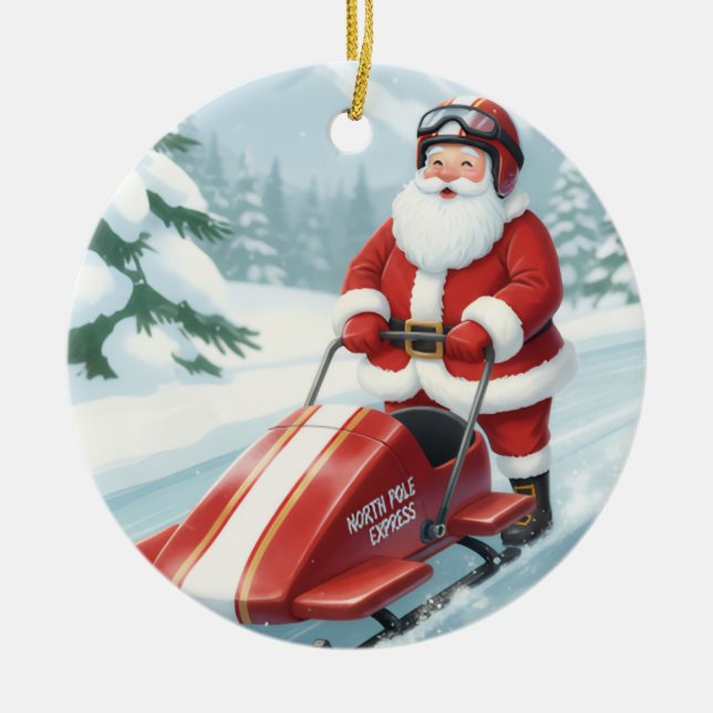 Personalized Cute Santa Doing Snowmobiling Ceramic Ornament (Front)
