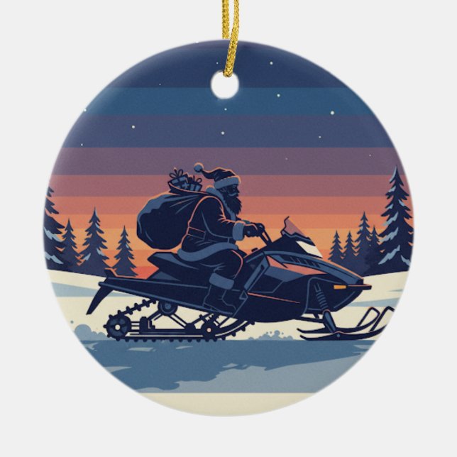 Personalized Cute Santa Doing Snowmobiling Ceramic Ornament (Front)