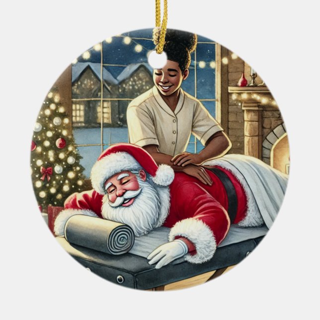 Personalized Cute Santa Getting a Massage Ceramic Ornament (Front)