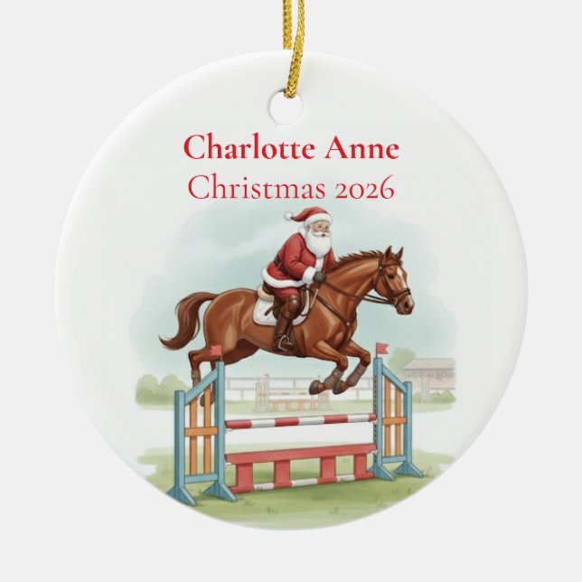 Personalized Cute Santa Horse Show Jumping Ceramic Ornament (Front)