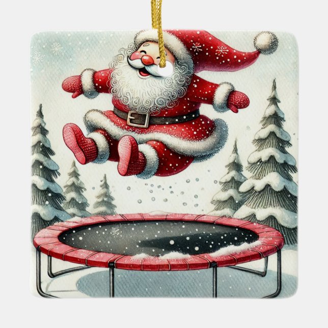Personalized Cute Santa Jumping on Trampoline Ceramic Ornament (Front)