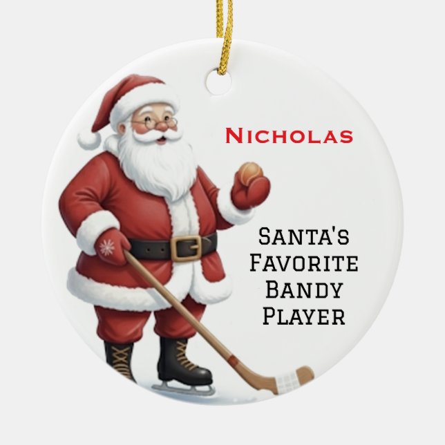 Personalized Cute Santa Playing Bandy  Ceramic Ornament (Front)