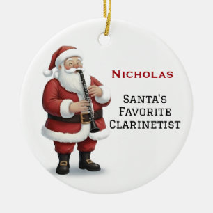 Personalized Cute Santa Playing Clarinet Ceramic Ornament