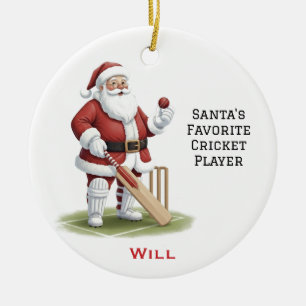 Personalized Cute Santa Playing Cricket Ceramic Ornament