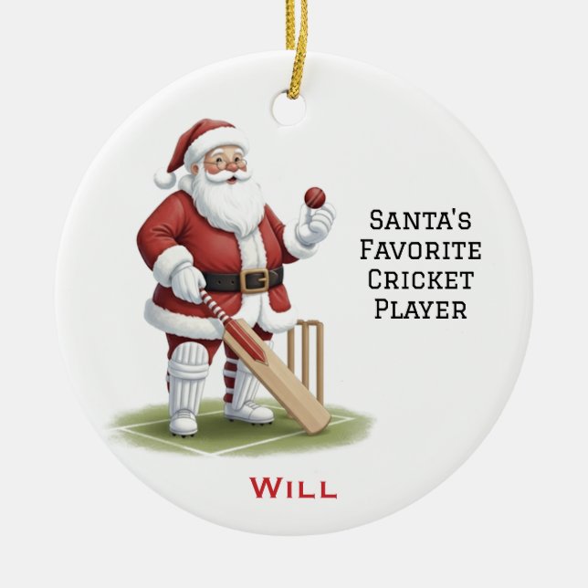 Personalized Cute Santa Playing Cricket Ceramic Ornament (Front)