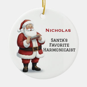 Personalized Cute Santa Playing Harmonica Ceramic Ornament