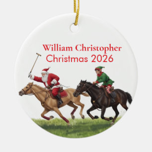 Personalized Cute Santa Playing Horse Polo Ceramic Ornament