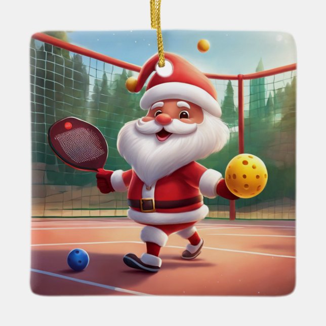 Personalized Cute Santa Playing Pickleball Ceramic Ornament (Front)