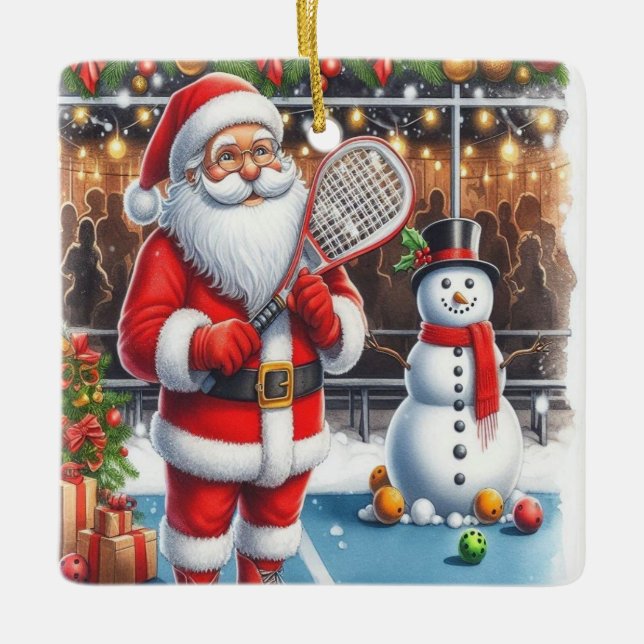 Personalized Cute Santa Playing Pickleball Ceramic Ornament (Front)