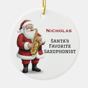 Personalized Cute Santa Playing Saxophone Ceramic Ornament