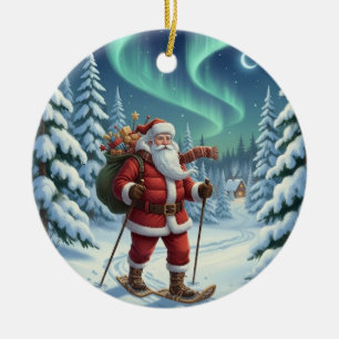 Personalized Cute Santa Snowshoeing Ceramic Ornament
